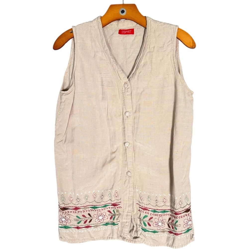 Vintage Esprit Embroidered Sleeveless Blouse Linen?  Western Casual M